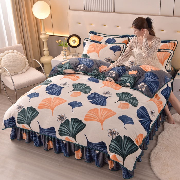 91家纺网 家纺一手货源 找家纺 绒宴 2025新款8.5斤牛奶绒金貂法莱绒床裙款保暖四件套 多彩有杏