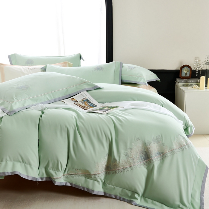 91家纺网 家纺一手货源 找家纺 U品汇 2024新品生态加厚长绒棉纯棉绣花100S全棉磨毛刺绣四件套高级50支双股 加州风情 清水绿