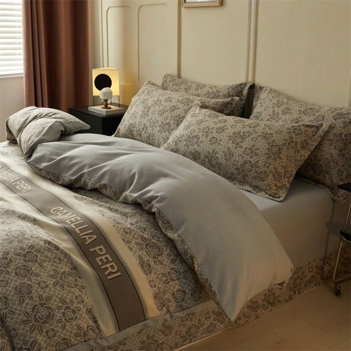 91家纺网 家纺一手货源 找家纺 启程家纺 2024全棉生态磨毛印花四件套 玫瑰-灰