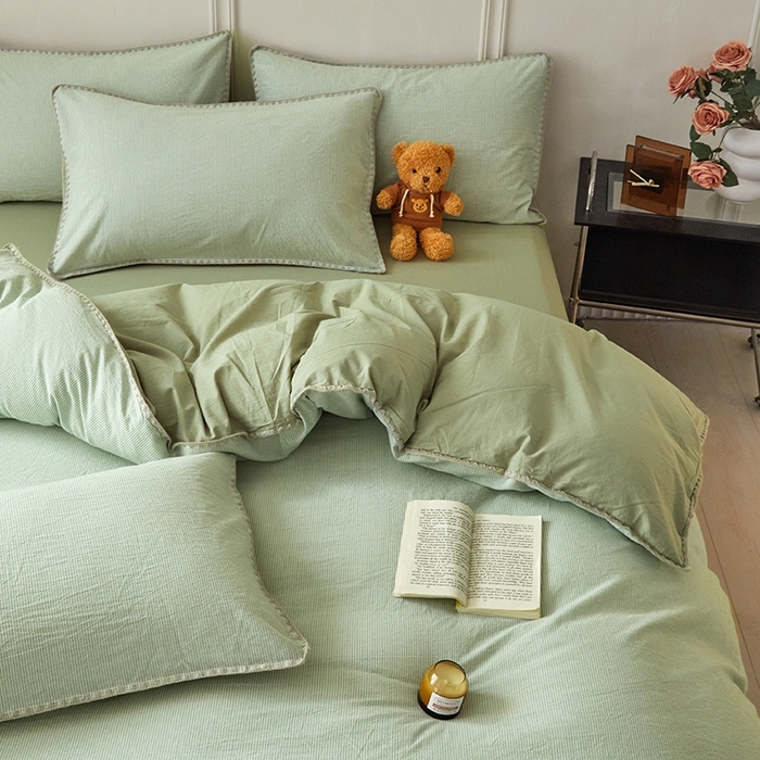 91家纺网 家纺一手货源 找家纺 吉象家纺 2024新款A类全棉色织水洗棉贝壳边三角针四件套    秘境浅绿