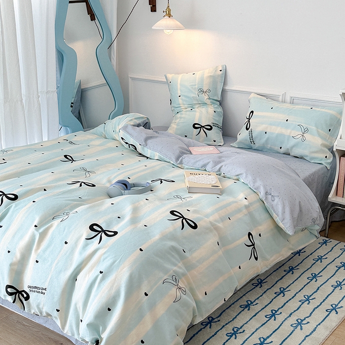 91家纺网 家纺一手货源 找家纺 昔可家纺 2024新款13070全棉四件套系列第二批 奶蓝条蝴蝶结