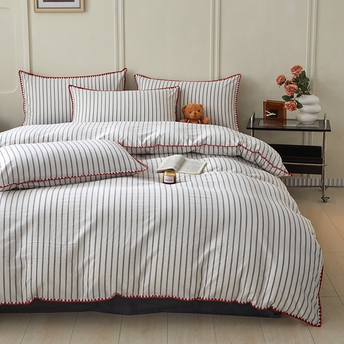 91家纺网 家纺一手货源 找家纺 （总）吉象家纺 2024新款A类全棉色织水洗棉贝壳边三角针四件套   