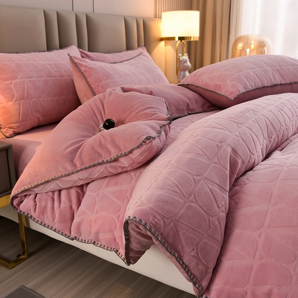 菡宝 2024新款贝壳边雕花绒四件套 华威-粉