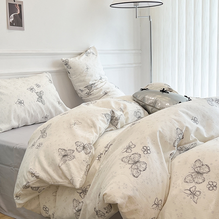 91家纺网 家纺一手货源 找家纺 昔可家纺 2024新款13372全棉亲肤四件套-小清新系列 素描蝴蝶