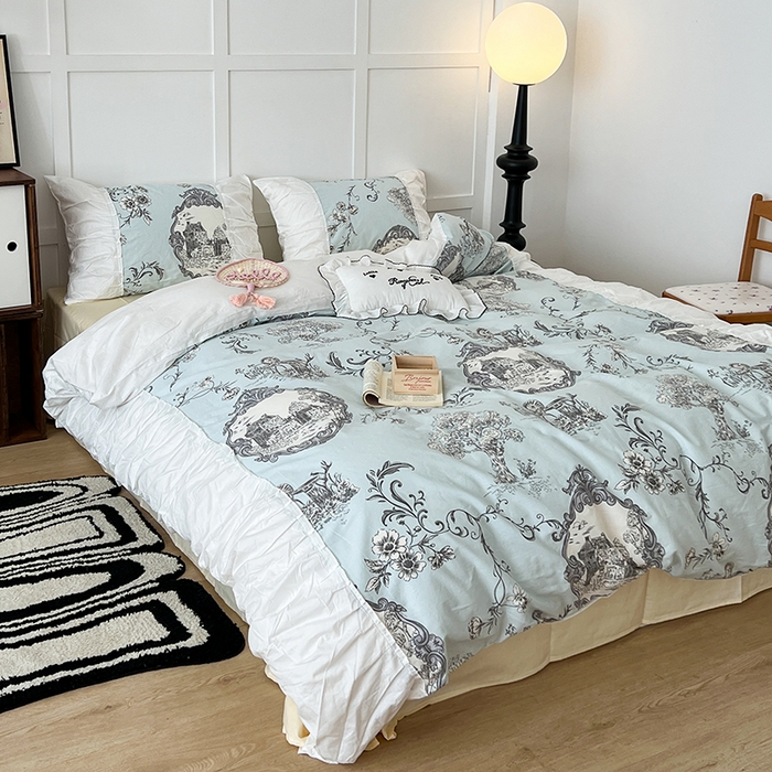 91家纺网 家纺一手货源 找家纺 昔可家纺 2024新款韩版花边工艺款轻奢四件套 复古城堡