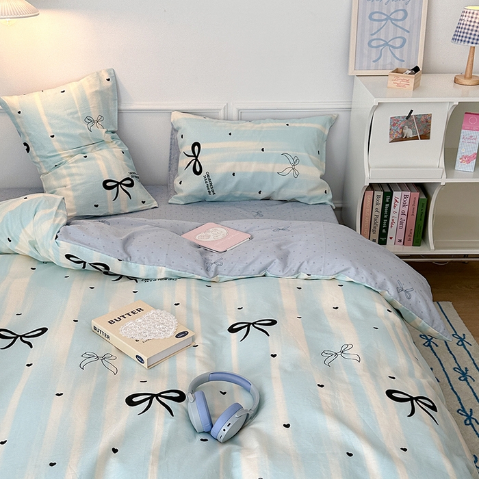 91家纺网 家纺一手货源 找家纺 昔可家纺 2024新款13070全棉四件套系列第二批 奶蓝条蝴蝶结