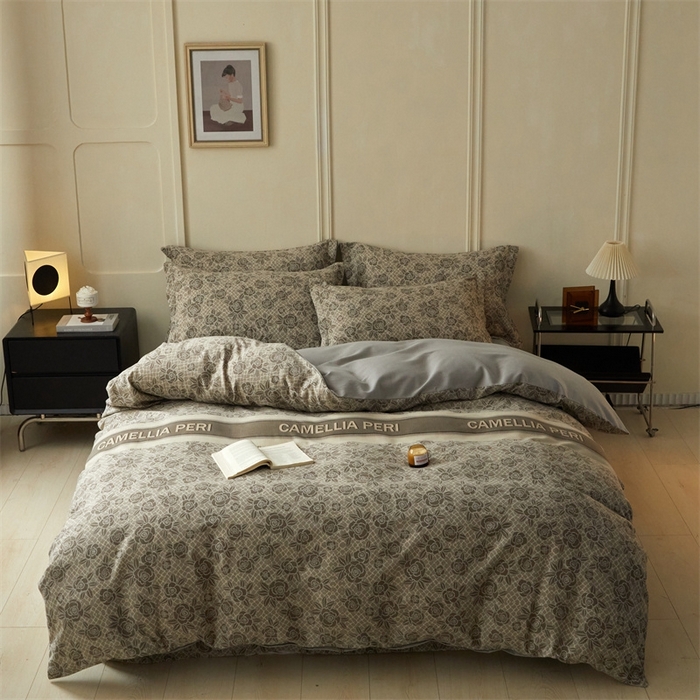 91家纺网 家纺一手货源 找家纺 启程家纺 2024全棉生态磨毛印花四件套 玫瑰-灰