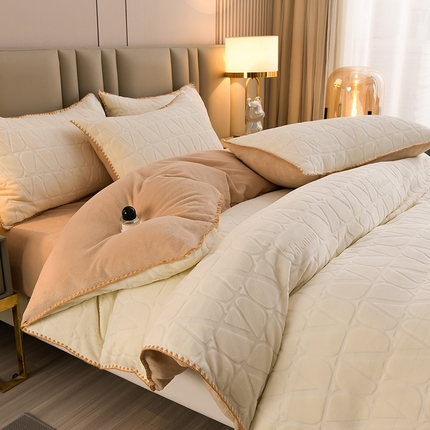 菡宝 2024新款贝壳边雕花绒四件套 华威-米白杏