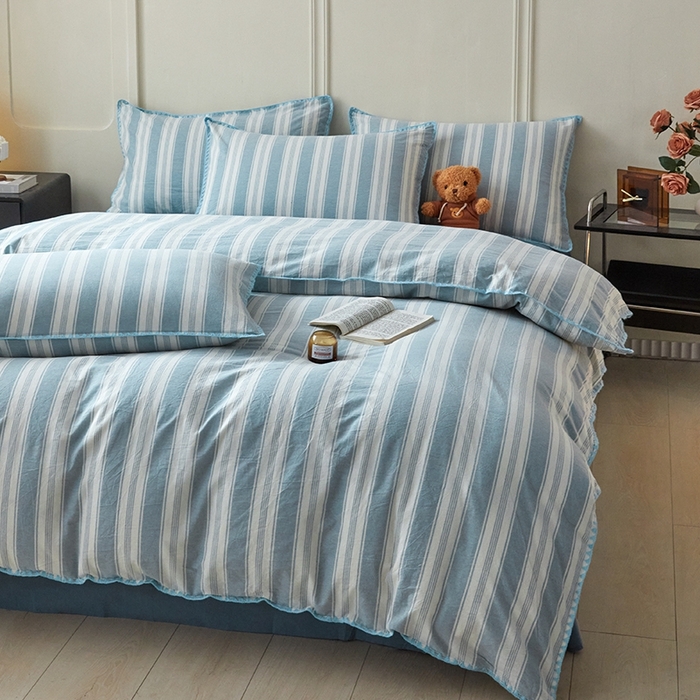 91家纺网 家纺一手货源 找家纺 吉象家纺 2024新款A类全棉色织水洗棉贝壳边三角针四件套    青春浅蓝