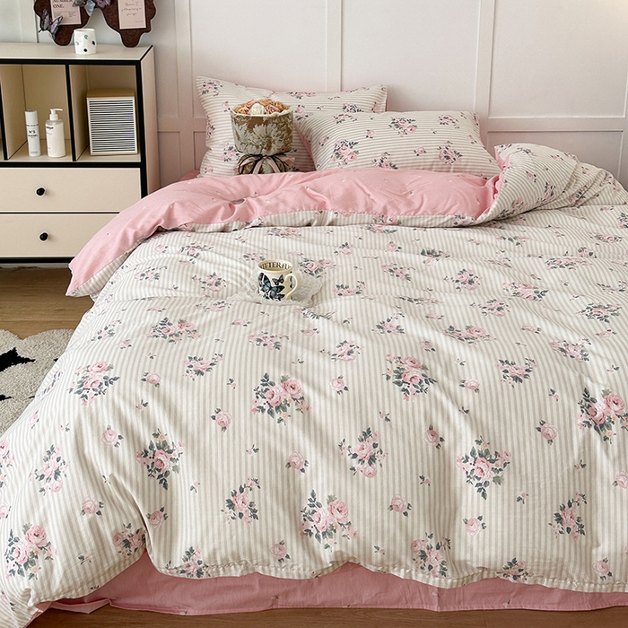 91家纺网 家纺一手货源 找家纺 昔可家纺 2024新款13372全棉亲肤四件套-复古系列 竖条春日玫瑰