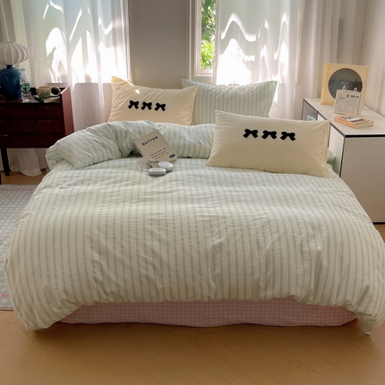 桃子家居 2024新款A类色织毛巾绣条纹小清新野原混搭纯棉系列四件套 色织水洗棉-野原绿蝴蝶结