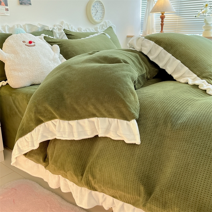 91家纺网 家纺一手货源 找家纺 星座家纺 2025新款华夫格花边款牛奶绒四件套 华夫格-橄榄绿