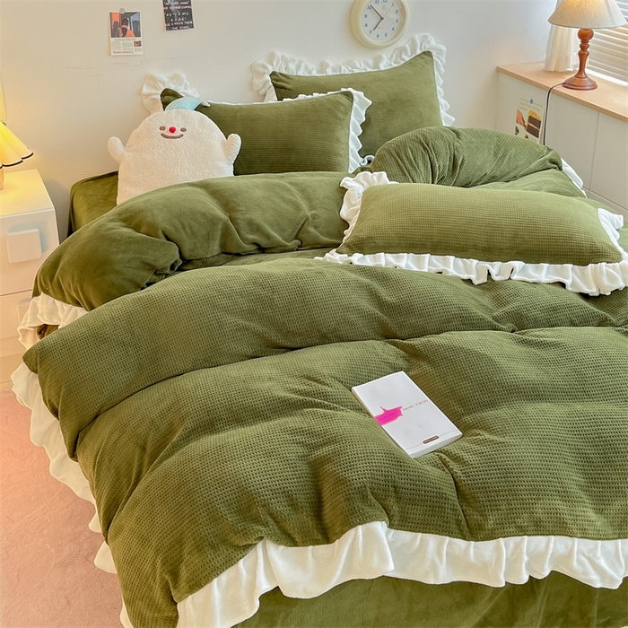 91家纺网 家纺一手货源 找家纺 星座家纺 2025新款华夫格花边款牛奶绒四件套 华夫格-橄榄绿