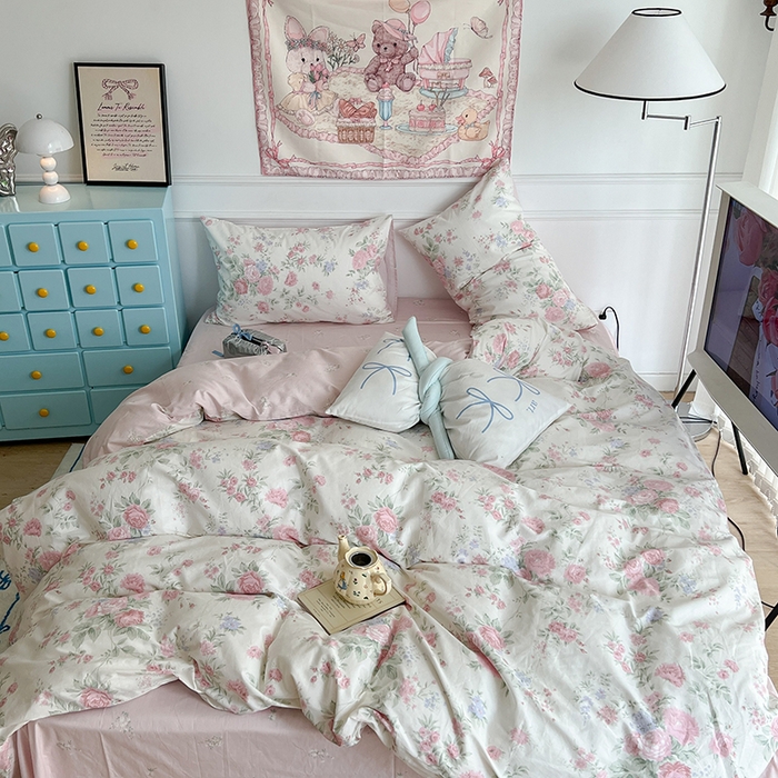 91家纺网 家纺一手货源 找家纺 昔可家纺 2024新款13372全棉亲肤四件套-小清新系列 芮蔓花园