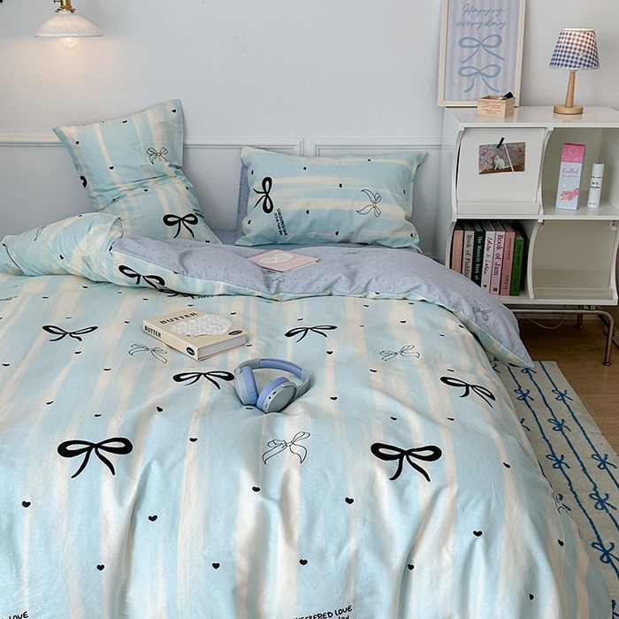 91家纺网 家纺一手货源 找家纺 昔可家纺 2024新款13070全棉四件套系列第二批 奶蓝条蝴蝶结