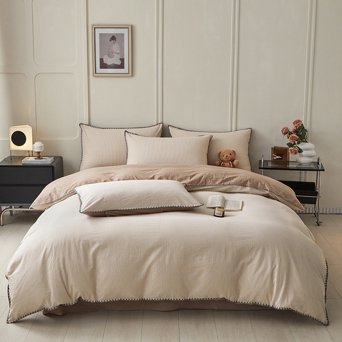 91家纺网 家纺一手货源 找家纺 吉象家纺 2024新款A类全棉色织水洗棉贝壳边三角针四件套    秘境奶咖