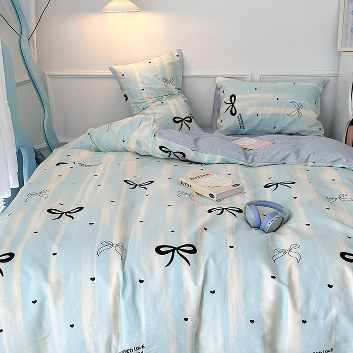 91家纺网 家纺一手货源 找家纺 昔可家纺 2024新款13070全棉四件套系列第二批 奶蓝条蝴蝶结