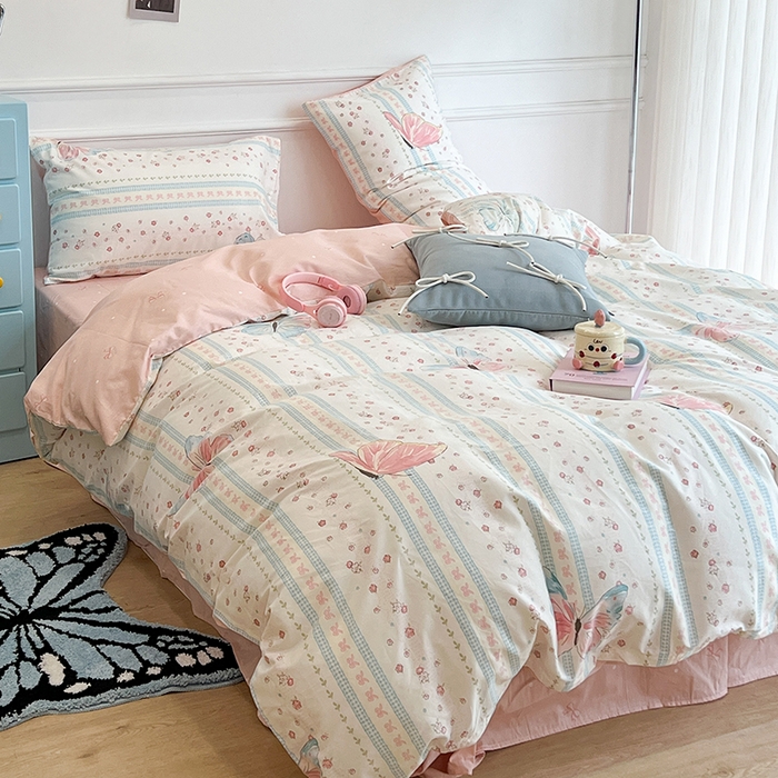 91家纺网 家纺一手货源 找家纺 昔可家纺 2024新款13372全棉亲肤四件套-小清新系列 粉色琉璃蝴蝶