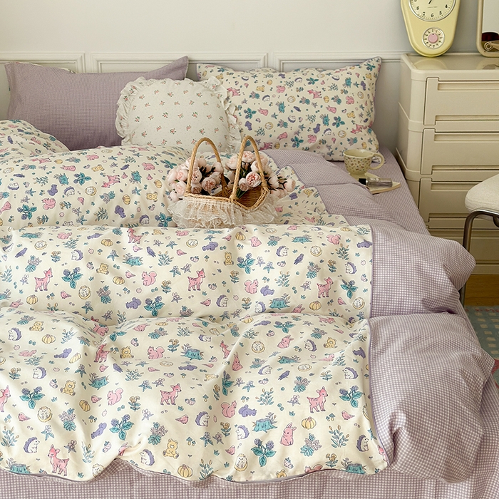 91家纺网 家纺一手货源 找家纺 昔可家纺 2024新款全棉拼接嵌绳款四件套 麋鹿森林