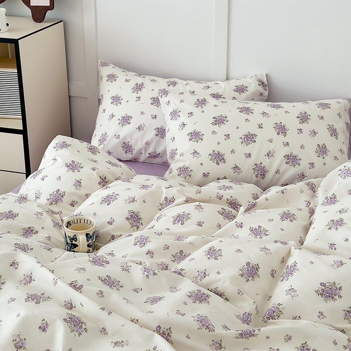 91家纺网 家纺一手货源 找家纺 昔可家纺 2024新款13372全棉亲肤四件套-小清新系列 迷迭紫花
