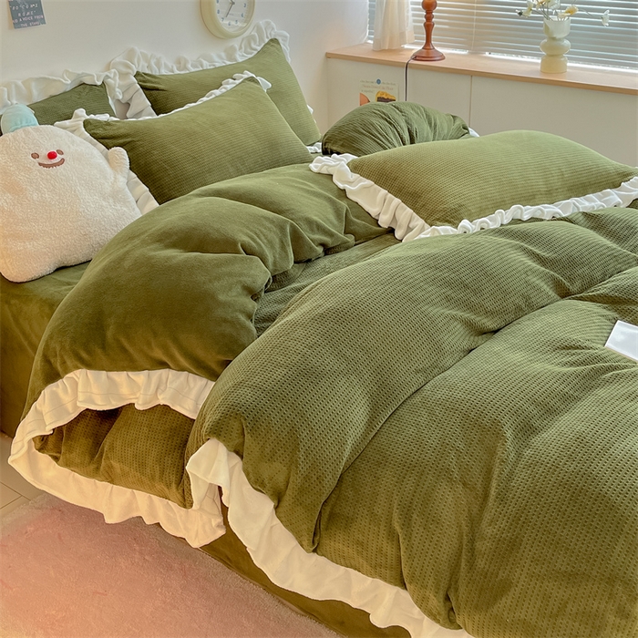 91家纺网 家纺一手货源 找家纺 星座家纺 2025新款华夫格花边款牛奶绒四件套 华夫格-橄榄绿