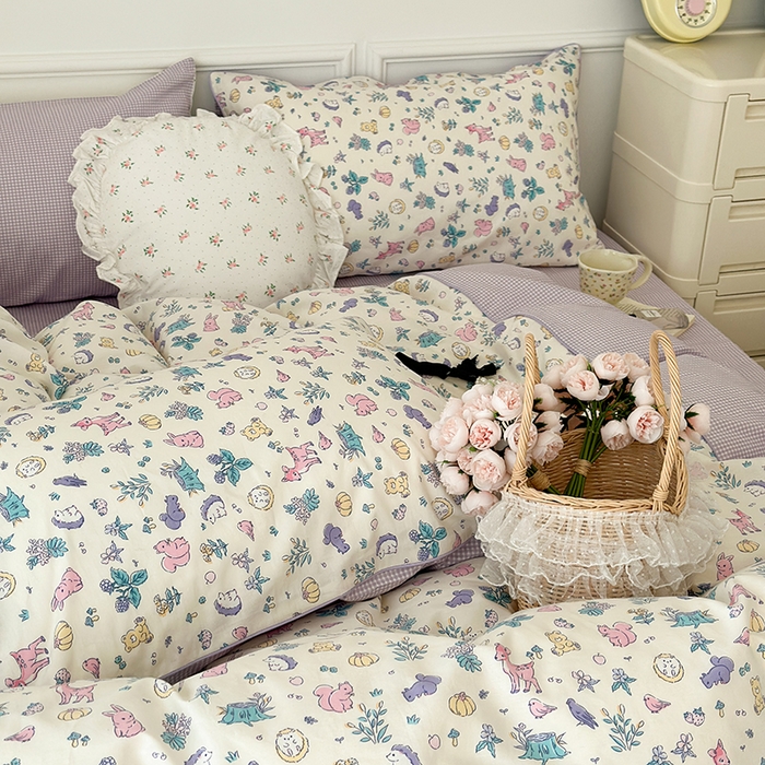 91家纺网 家纺一手货源 找家纺 昔可家纺 2024新款全棉拼接嵌绳款四件套 麋鹿森林