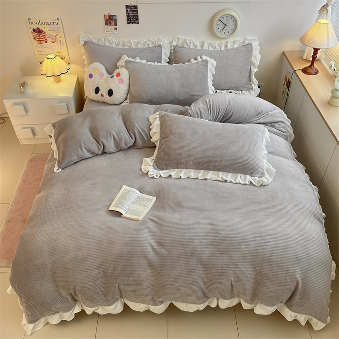 91家纺网 家纺一手货源 找家纺 星座家纺 2025新款华夫格花边款牛奶绒四件套 华夫格-火山灰