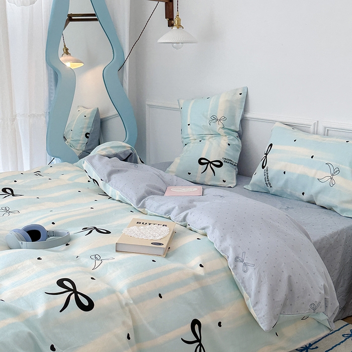 91家纺网 家纺一手货源 找家纺 昔可家纺 2024新款13070全棉四件套系列第二批 奶蓝条蝴蝶结