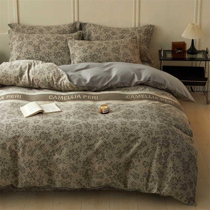 91家纺网 家纺一手货源 找家纺 启程家纺 2024全棉生态磨毛印花四件套 玫瑰-灰