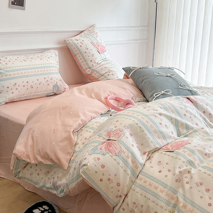 91家纺网 家纺一手货源 找家纺 昔可家纺 2024新款13372全棉亲肤四件套-小清新系列 粉色琉璃蝴蝶