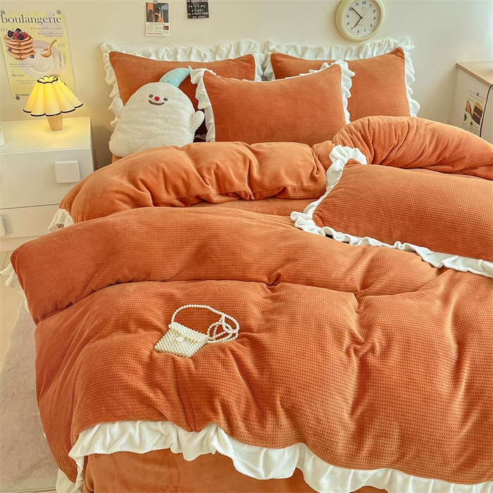 91家纺网 家纺一手货源 找家纺 星座家纺 2025新款华夫格花边款牛奶绒四件套 华夫格-亮橙