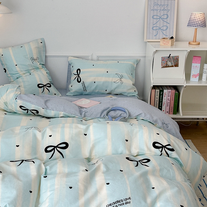 91家纺网 家纺一手货源 找家纺 昔可家纺 2024新款13070全棉四件套系列第二批 奶蓝条蝴蝶结