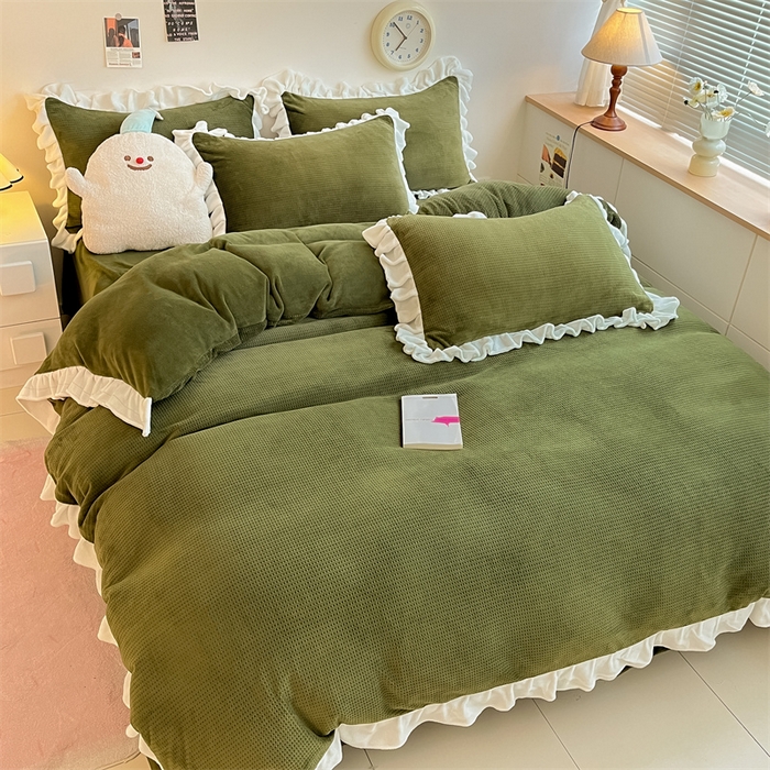 91家纺网 家纺一手货源 找家纺 星座家纺 2025新款华夫格花边款牛奶绒四件套 华夫格-橄榄绿