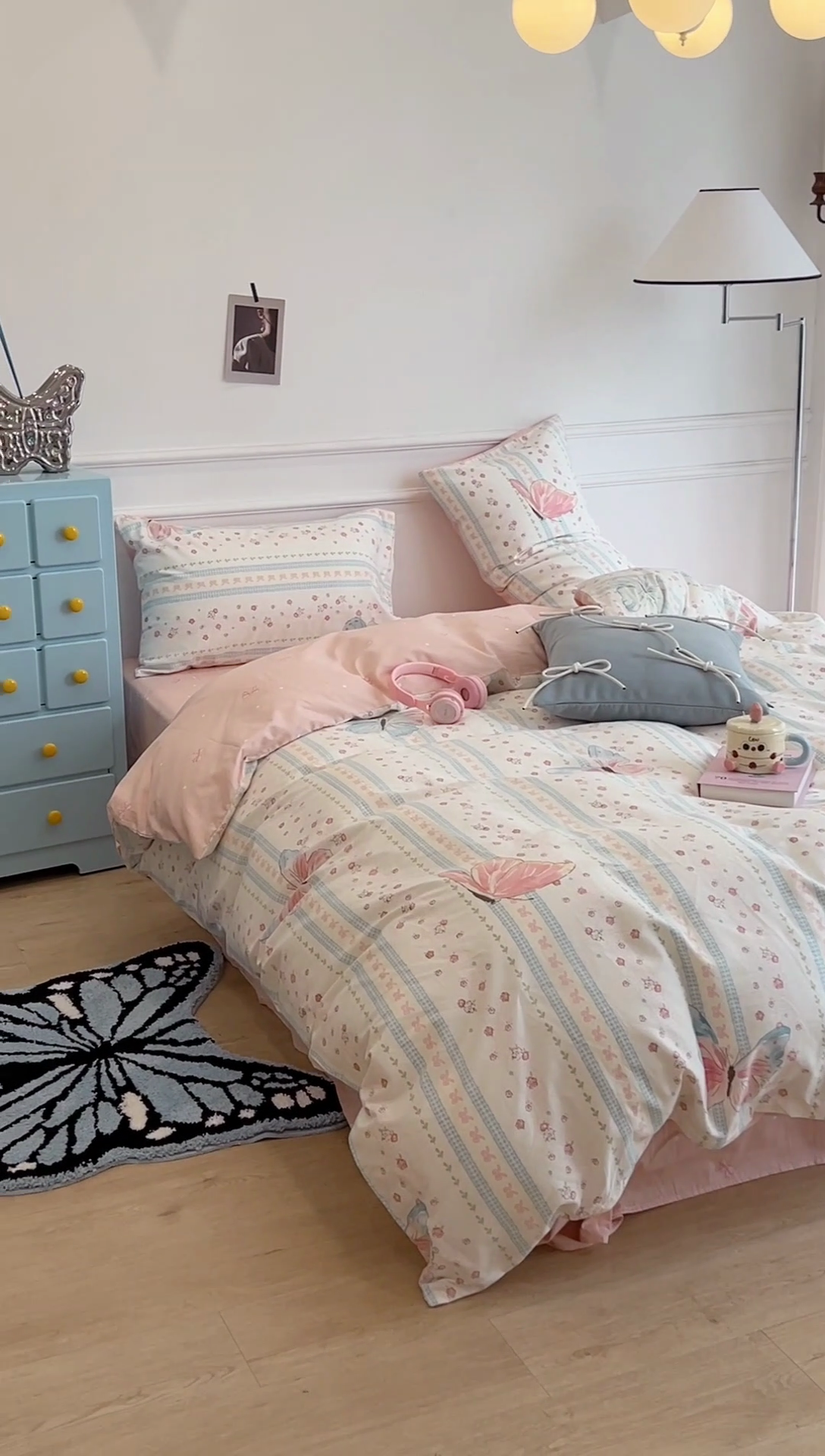 91家纺网 家纺一手货源 找家纺 昔可家纺 2024新款13372全棉亲肤四件套-小清新系列 粉色琉璃蝴蝶