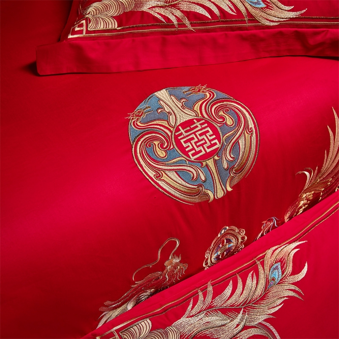 91家纺网 家纺一手货源 找家纺 宏羽纺家纺 2024新款13372纯棉婚庆套件系列 龙凤戏珠