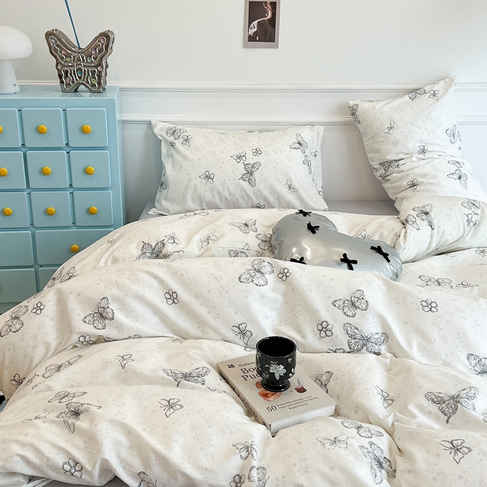 91家纺网 家纺一手货源 找家纺 昔可家纺 2024新款13372全棉亲肤四件套-小清新系列 素描蝴蝶