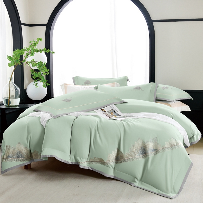 91家纺网 家纺一手货源 找家纺 U品汇 2024新品生态加厚长绒棉纯棉绣花100S全棉磨毛刺绣四件套高级50支双股 加州风情 清水绿