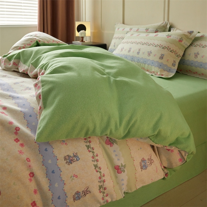 91家纺网 家纺一手货源 找家纺 启程家纺 2024全棉生态磨毛印花四件套 花枝兔