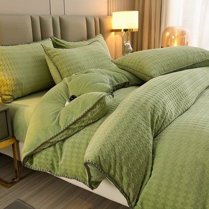 菡宝 2024新款贝壳边雕花绒四件套 菱形格-浅绿
