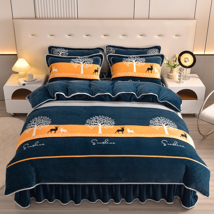 91家纺网 家纺一手货源 找家纺 绒宴 2025新款8.5斤牛奶绒金貂法莱绒床裙款保暖四件套 秋日森林-鹿