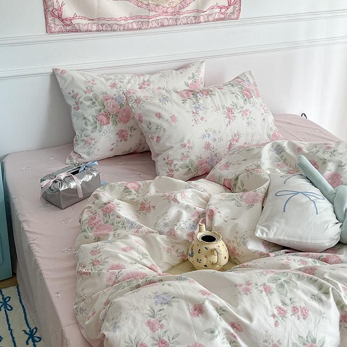 91家纺网 家纺一手货源 找家纺 昔可家纺 2024新款13372全棉亲肤四件套-小清新系列 芮蔓花园