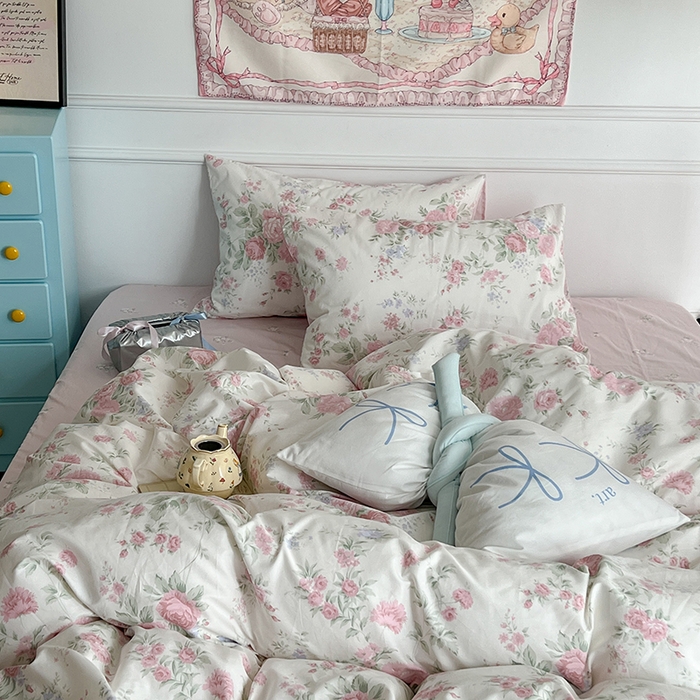 91家纺网 家纺一手货源 找家纺 昔可家纺 2024新款13372全棉亲肤四件套-小清新系列 芮蔓花园