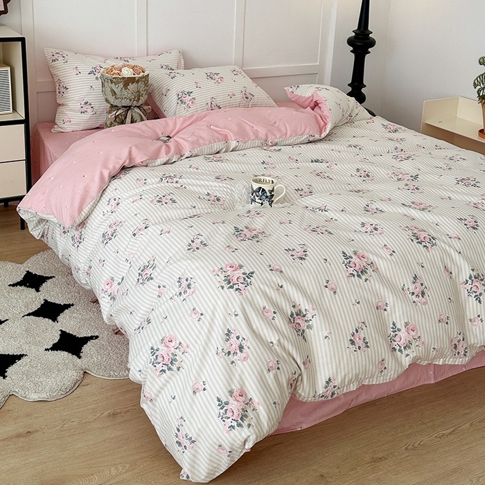 91家纺网 家纺一手货源 找家纺 昔可家纺 2024新款13372全棉亲肤四件套-复古系列 竖条春日玫瑰