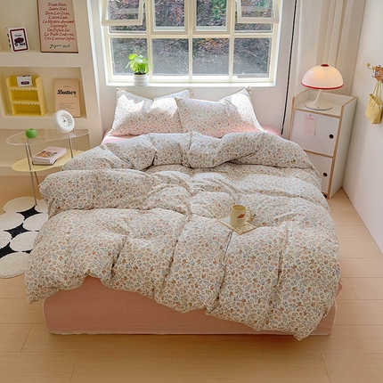 91家纺网 家纺一手货源 找家纺 2024新款全棉A类有氧双层纱四件套 漫叶