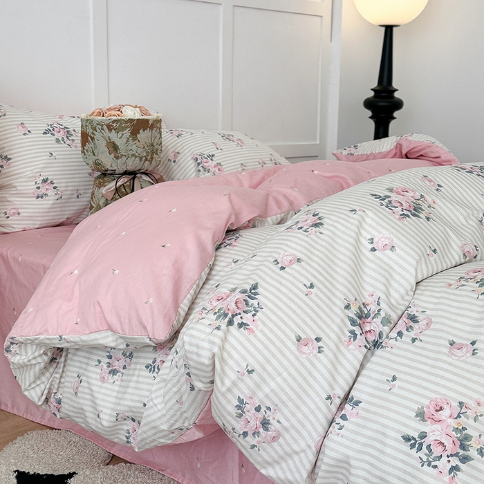 91家纺网 家纺一手货源 找家纺 昔可家纺 2024新款13372全棉亲肤四件套-复古系列 竖条春日玫瑰