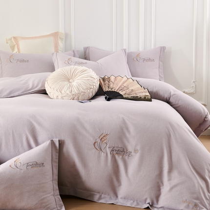 U品汇 2024新品生态加厚长绒棉纯棉绣花40S全棉磨毛刺绣四件套宽边款 七里香-紫灰