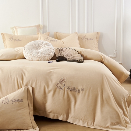U品汇 2024新品生态加厚长绒棉纯棉绣花40S全棉磨毛刺绣四件套宽边款 七里香 -香槟金
