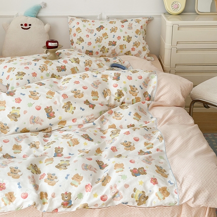 昔可家纺 2024新款全棉拼接嵌绳款四件套 油画樱桃小熊