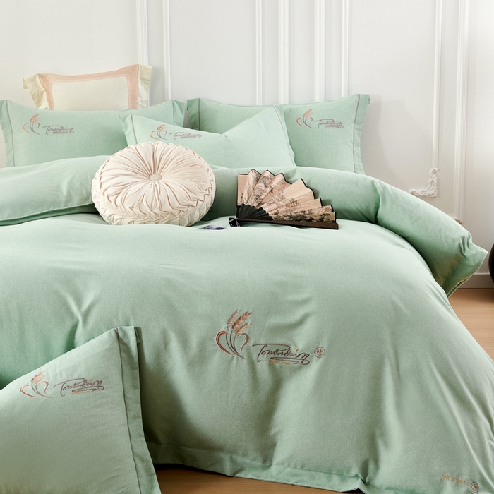 91家纺网 家纺一手货源 找家纺 U品汇 2024新品生态加厚长绒棉纯棉绣花40S全棉磨毛刺绣四件套宽边款 七里香-青翠绿