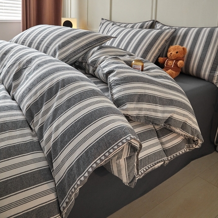 吉象家纺 2024新款A类全棉色织水洗棉贝壳边三角针四件套    青春浅灰